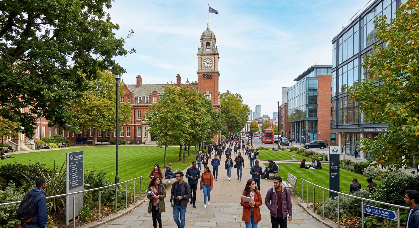 Queen Mary University of London Mile End campus with historic clock tower, modern academic buildings, green courtyard, and students walking along tree-lined paths in East London