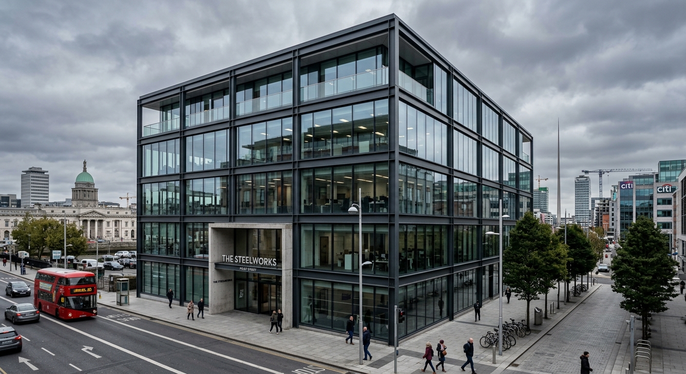 The Steelworks building on Foley Street Dublin, modern five-story glass and steel commercial building with floor-to-ceiling windows, Dublin city centre skyline in background, overcast Irish sky, urban campus setting near IFSC financial district