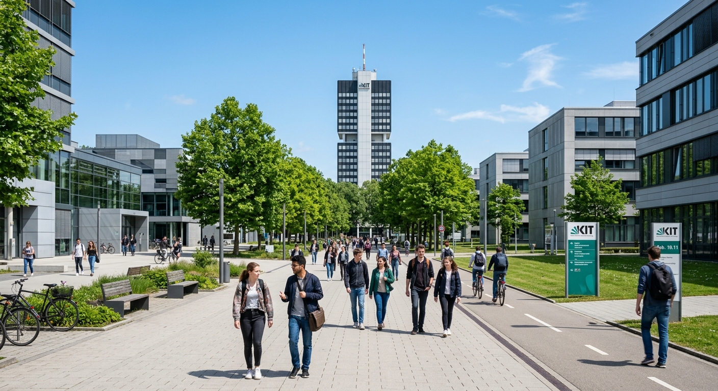 Modern campus of Karlsruhe Institute of Technology with students walking between contemporary research buildings, green trees lining pathways, and the iconic KIT tower in the background under a clear blue sky