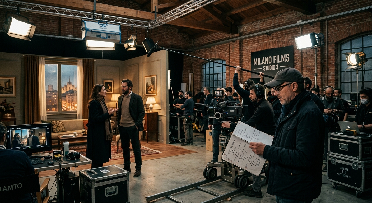 Cinematic film set with professional camera equipment, dramatic lighting, actors rehearsing a scene, director reviewing screenplay notes, modern production studio in Milan Italy with exposed brick walls and industrial aesthetic