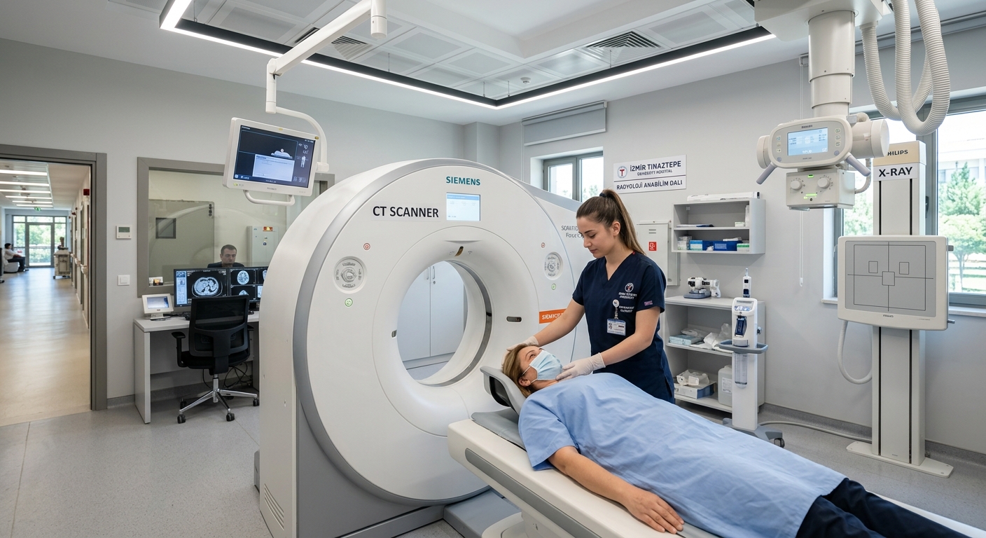 Modern radiology laboratory with CT scanner and X-ray equipment, student technician positioning a patient, bright clinical lighting, İzmir Tınaztepe University campus hospital setting