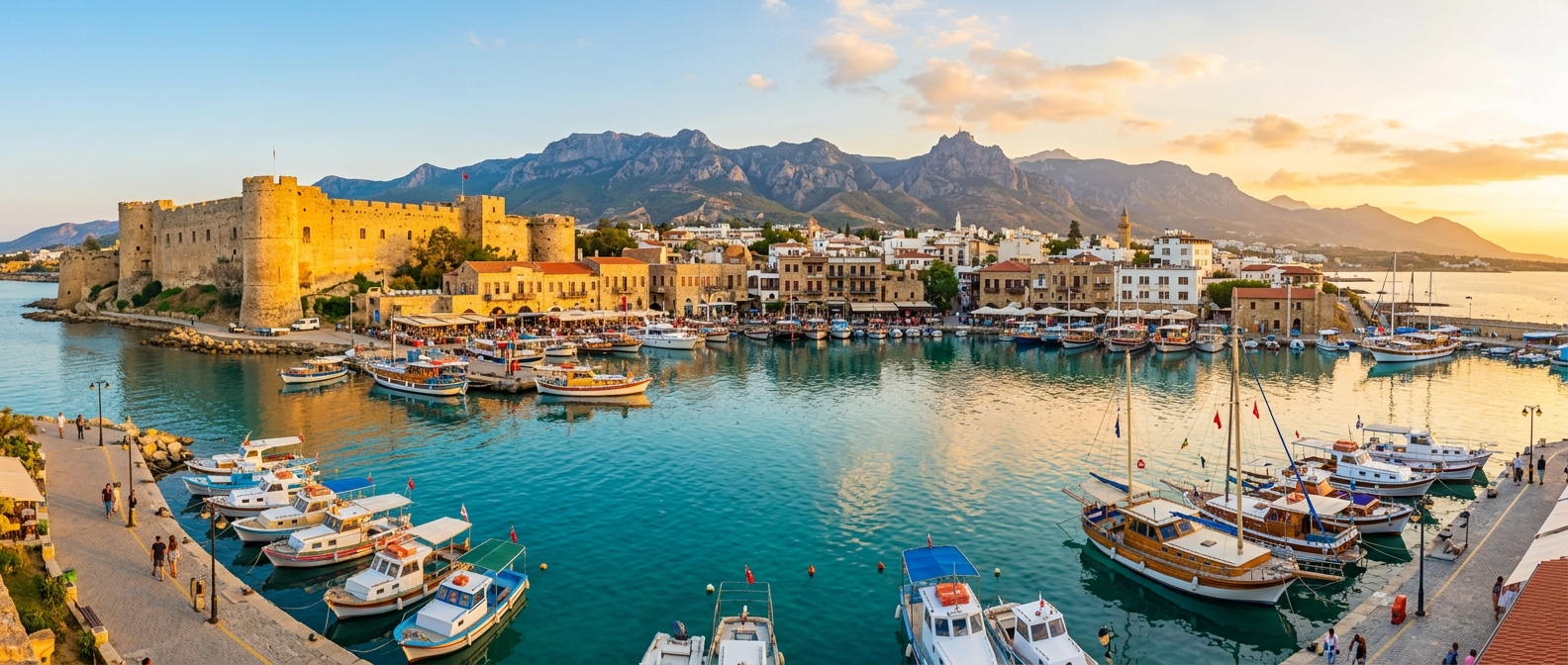 Panoramic view of Kyrenia harbor in Northern Cyprus with historic castle, colorful boats in turquoise water, old town buildings, and Besparmak mountain range in background under golden hour light