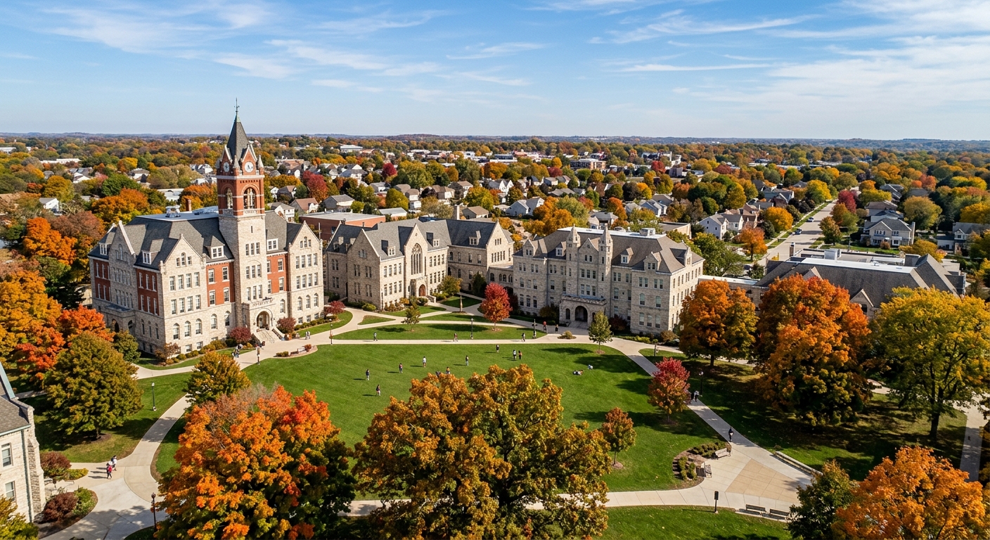 Carroll University campus wide shot showing historic stone buildings, green Main Lawn, mature trees, and the suburban Waukesha Wisconsin setting on a sunny autumn day