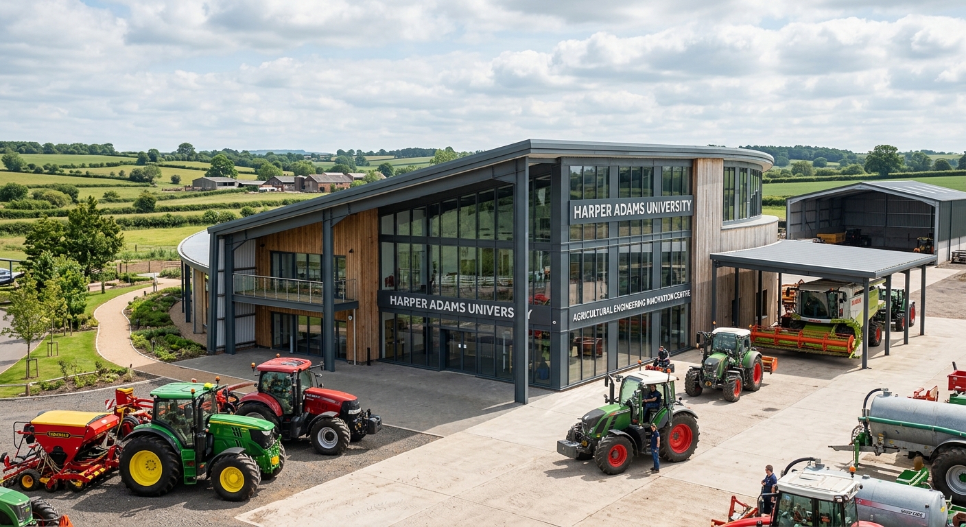 Harper Adams University Agricultural Engineering Innovation Centre, modern steel and glass building, tractors and machinery visible, rural farm backdrop