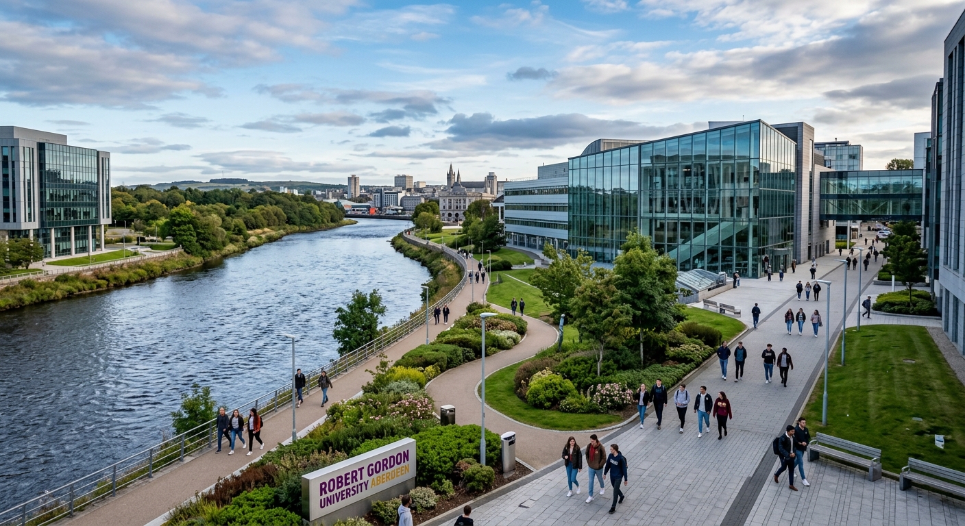 Modern riverside campus of Robert Gordon University in Aberdeen, Scotland, with contemporary glass buildings overlooking the River Dee, students walking along pathways surrounded by green landscaping under a partly cloudy Scottish sky
