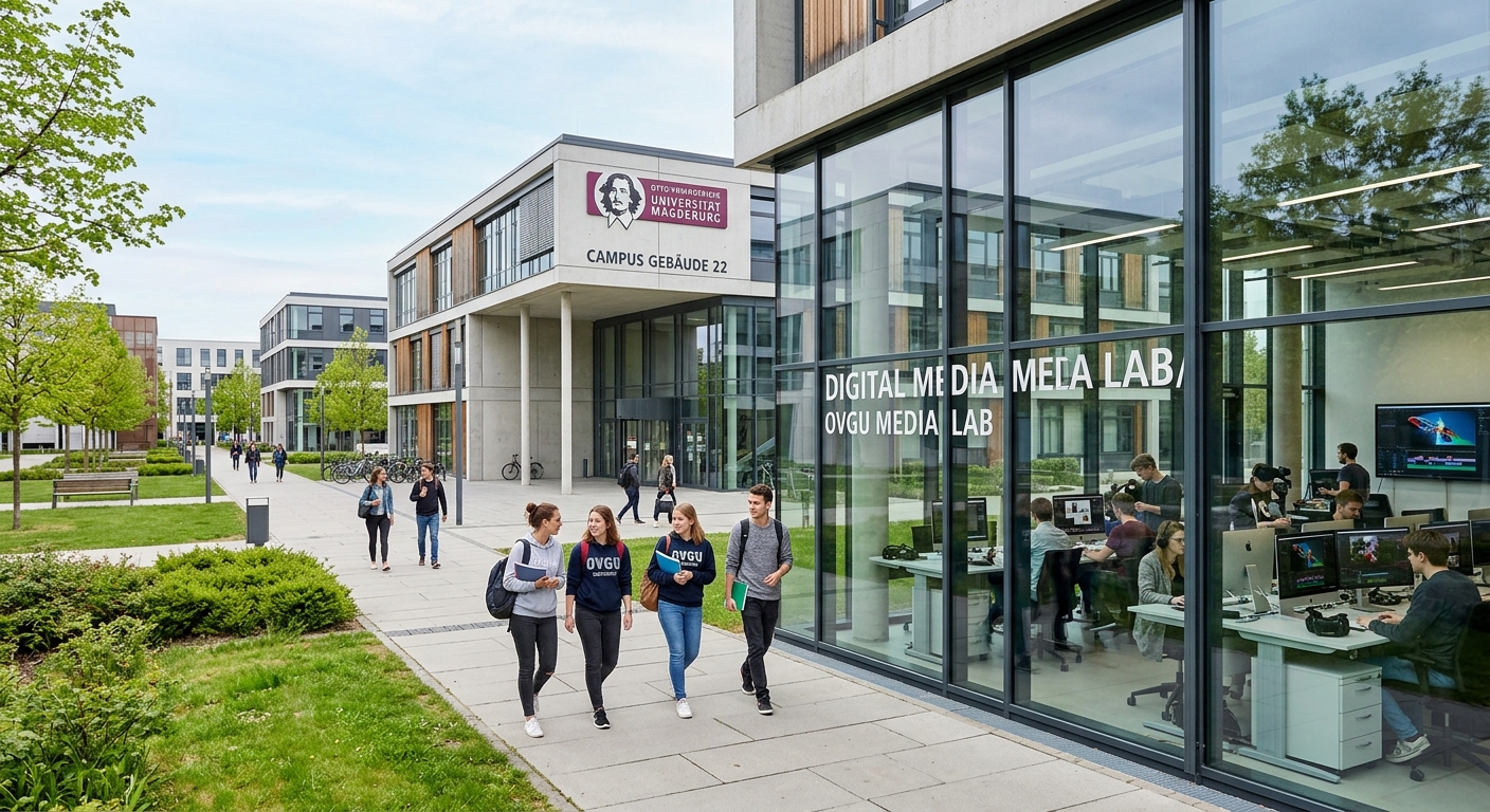 Modern university campus at Otto-von-Guericke University Magdeburg, students walking near contemporary faculty buildings with green lawns, digital media lab visible through glass walls, Saxony-Anhalt Germany