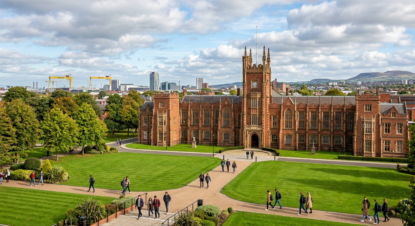 Historic red-brick Lanyon Building at Queen's University Belfast with green lawns in foreground, students walking along pathways, Belfast cityscape in background under partly cloudy sky