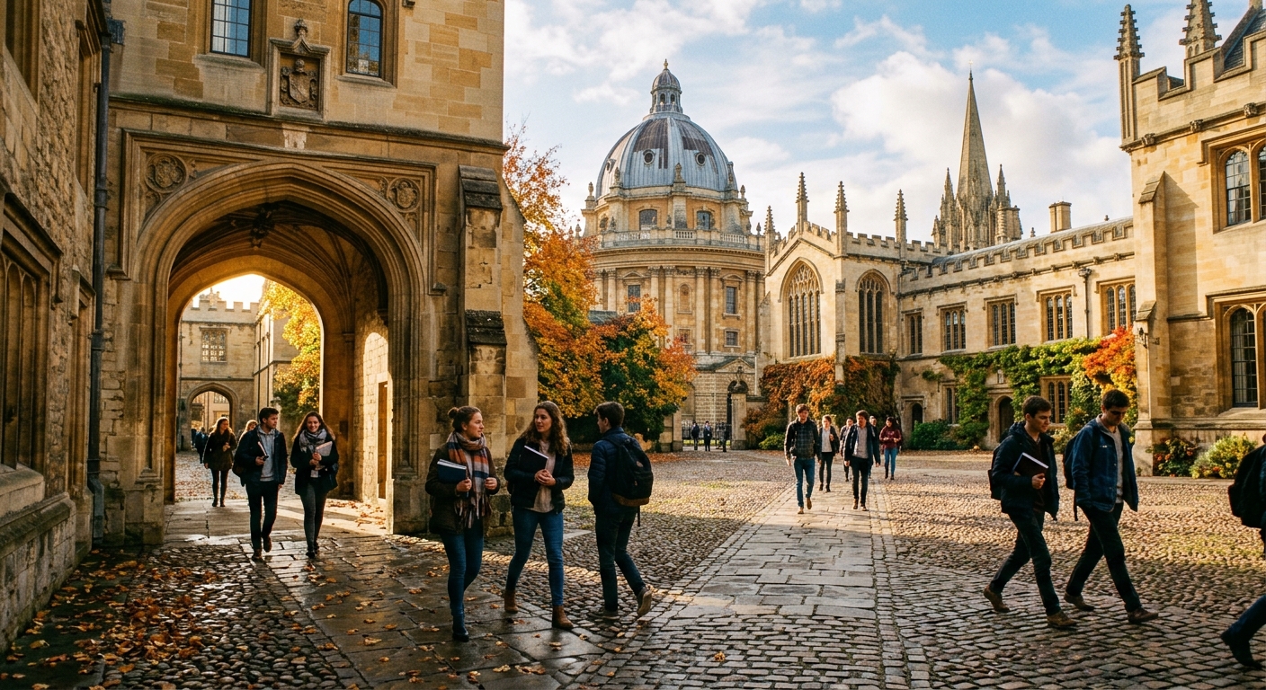 Historic University of Oxford campus with golden limestone buildings, Radcliffe Camera dome in background, students walking through cobblestone quadrangle, autumn sunlight filtering through ancient archways