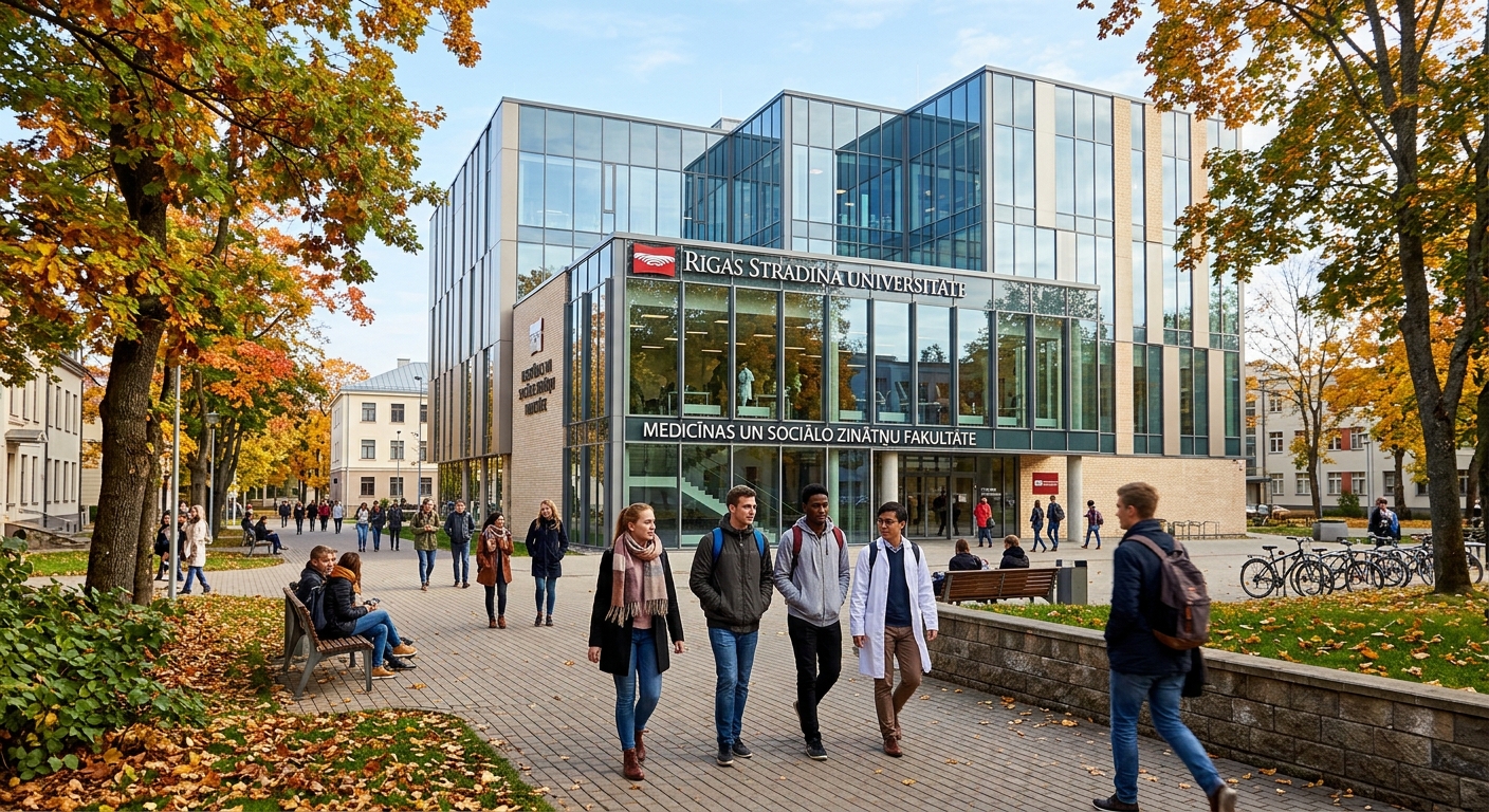 Modern university campus building in Riga Latvia with European architecture, international students walking on tree-lined pathways, autumn foliage, medical and social sciences faculty building with glass facade