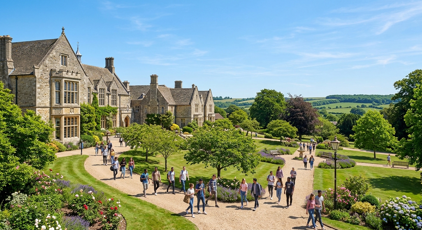 University of Chichester Bishop Otter Campus with historic stone buildings surrounded by manicured gardens, students walking along tree-lined pathways, West Sussex countryside in the background under a clear blue sky
