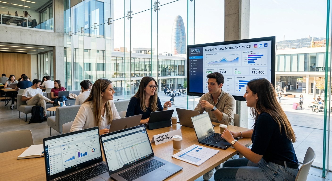 Modern business school campus in Barcelona with students collaborating on digital marketing projects, laptops and large digital screens displaying social media analytics, bright Mediterranean light streaming through contemporary architecture