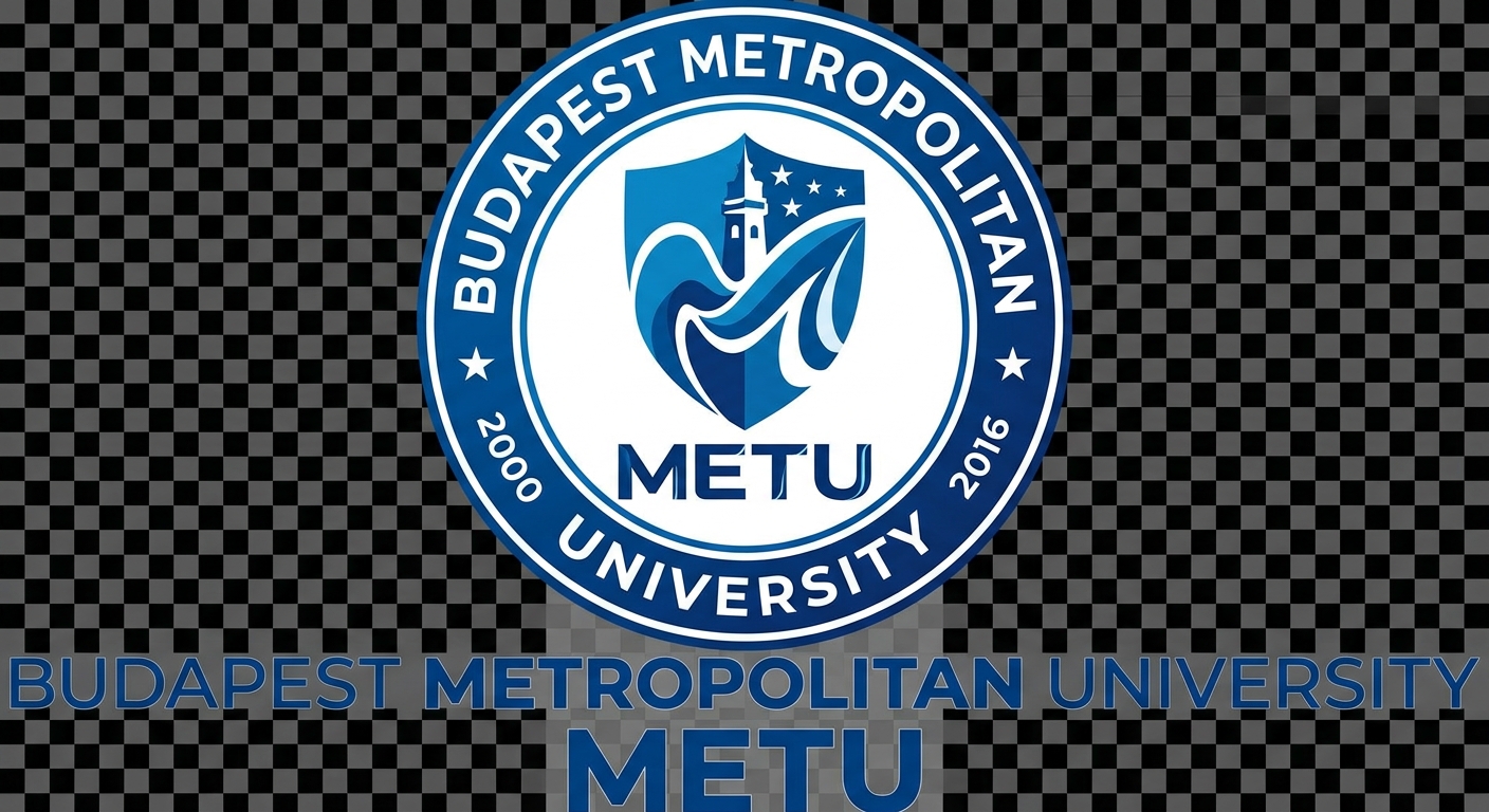 Budapest Metropolitan University METU official logo, stylized text with blue and white color scheme on transparent background