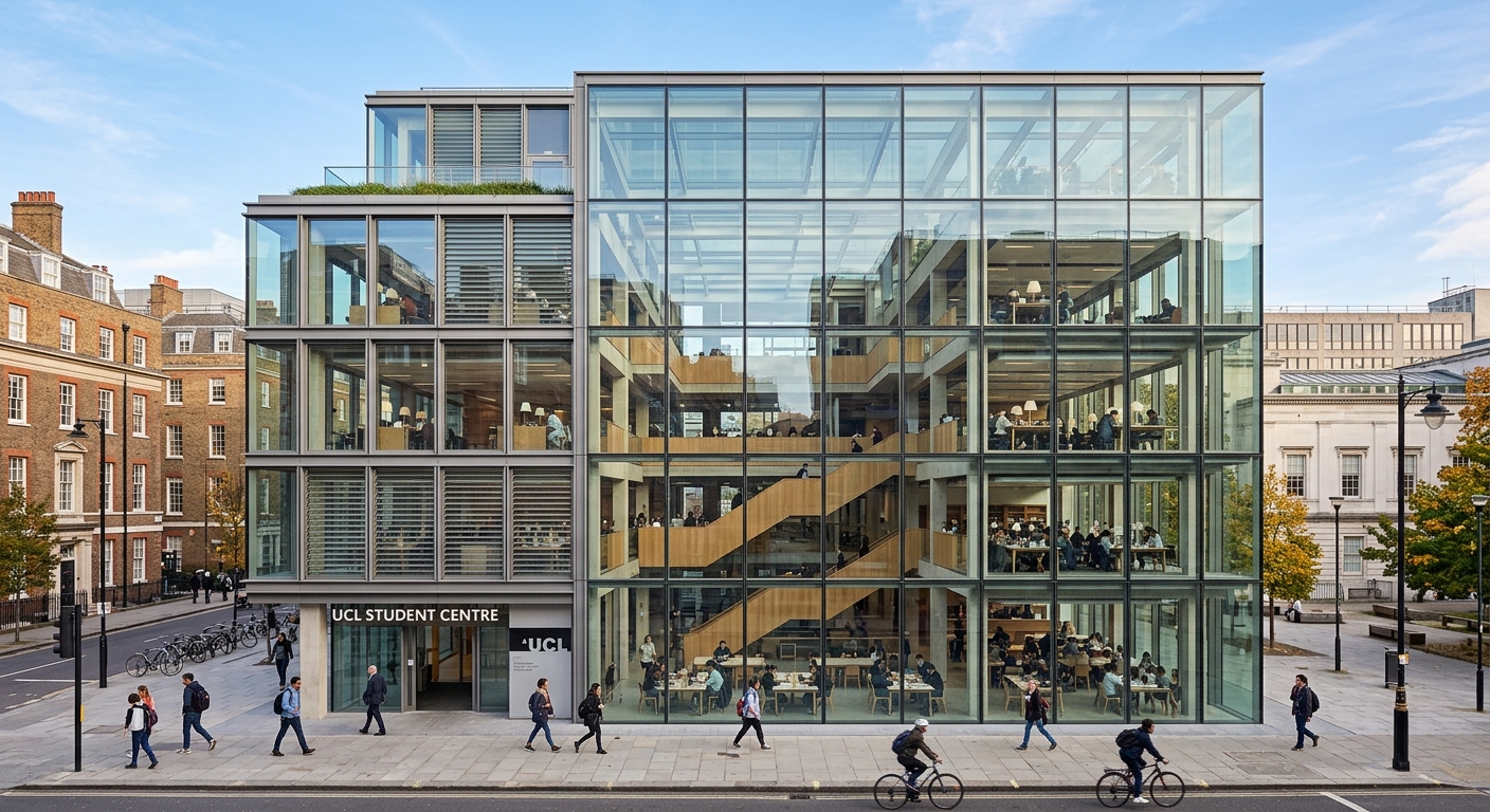 UCL Student Centre modern glass and steel building on Gordon Street, contemporary architecture with open atrium and study spaces, London urban setting