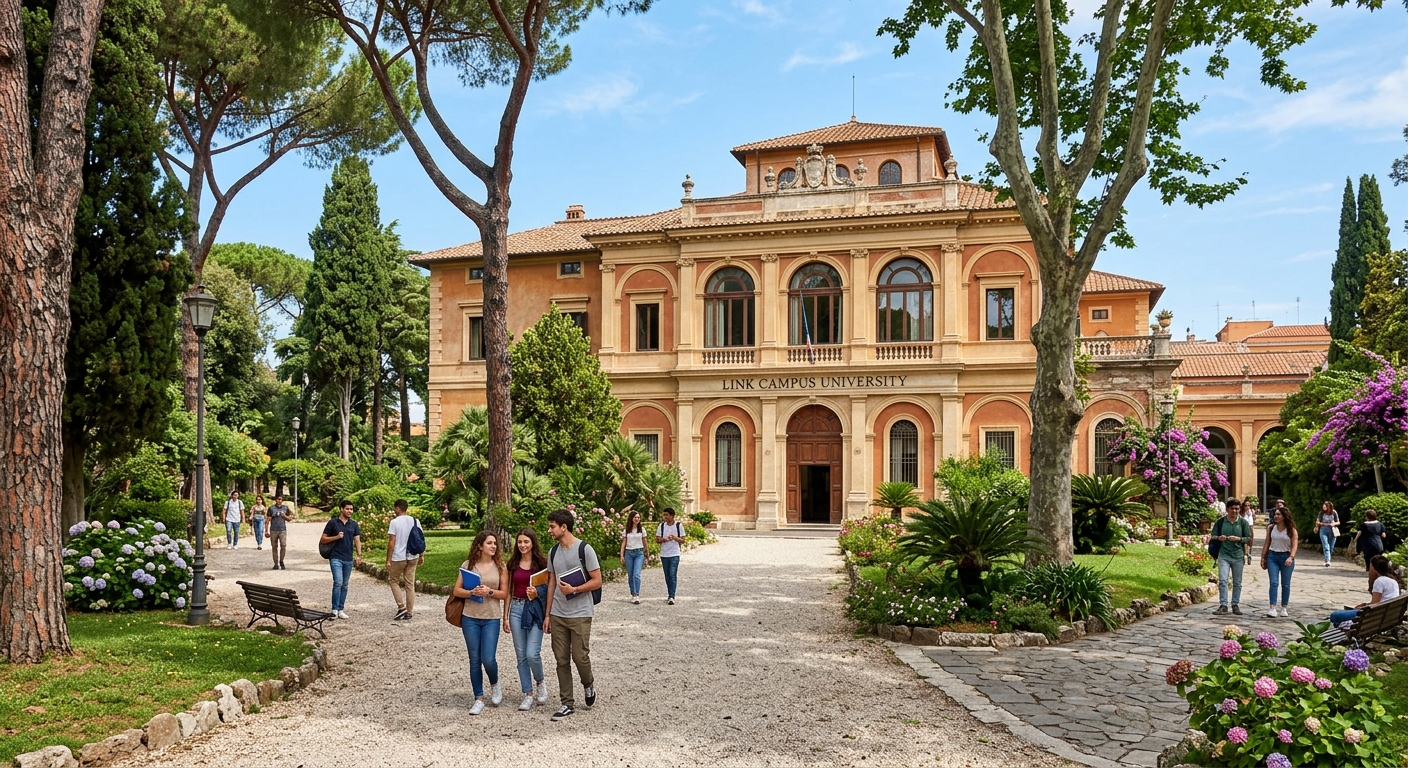 Historic campus building of Link Campus University in Rome surrounded by green gardens, classical Italian architecture with arched windows, students walking along tree-lined pathways under a clear Mediterranean sky