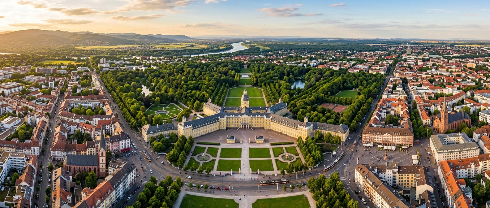 Panoramic view of Karlsruhe city center with the iconic Karlsruhe Palace and its fan-shaped radiating streets, green palace gardens, Rhine Valley in the background, warm afternoon light