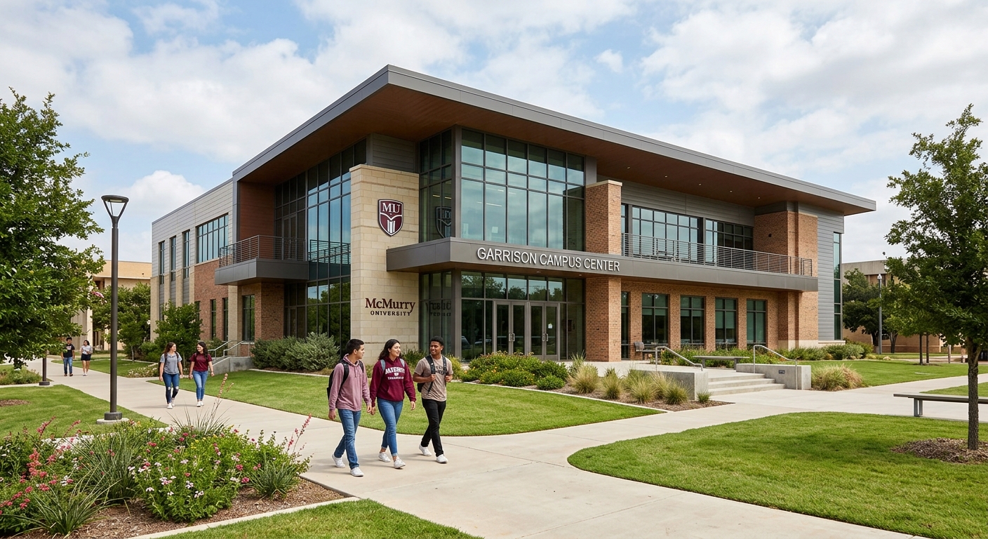 McMurry University Garrison Campus Center exterior, modern two-story building, students walking on pathways, landscaped grounds, contemporary design