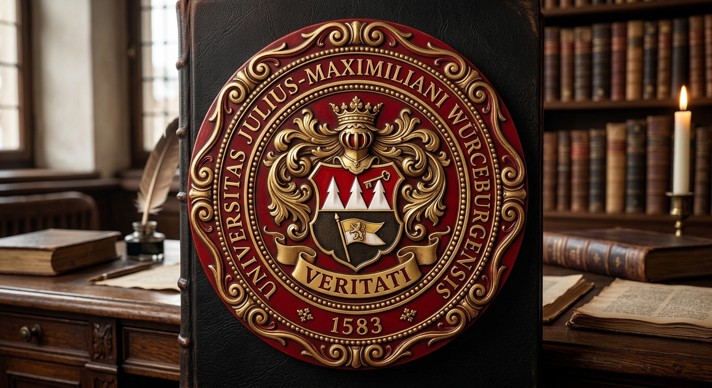 University of Würzburg official seal featuring the year 1583, coat of arms with Franconian rake, and the Latin motto Veritati, in red and gold colors