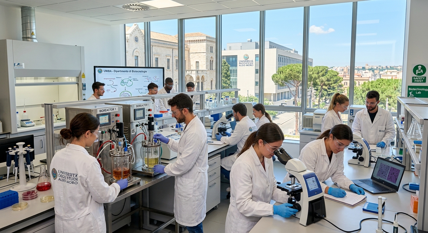 Modern biotechnology laboratory at University of Bari Aldo Moro, students in white lab coats working with bioreactors and microscopes, bright Mediterranean sunlight streaming through large windows, campus buildings visible in background