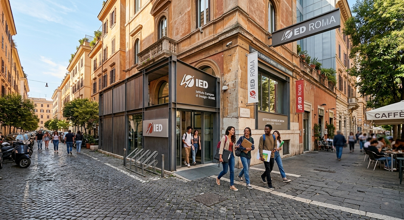 IED Rome campus building in the Testaccio neighborhood, historic Roman architecture with modern design elements, warm Mediterranean sunlight, students walking near the entrance, cobblestone streets visible