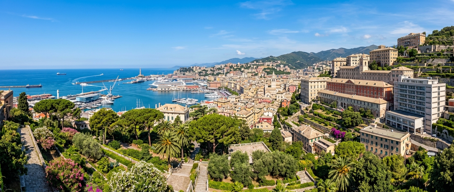 Panoramic view of Genoa's historic waterfront with lush Mediterranean gardens, terraced hillside landscapes, and the University of Genoa campus buildings set against the Ligurian coastline under a clear blue sky