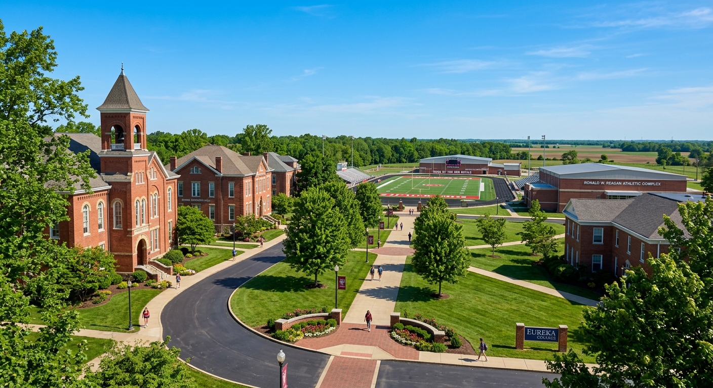 Eureka College campus in rural Illinois with historic brick buildings, green lawns, and the Ronald W. Reagan Athletic Complex visible in the background under a clear blue sky