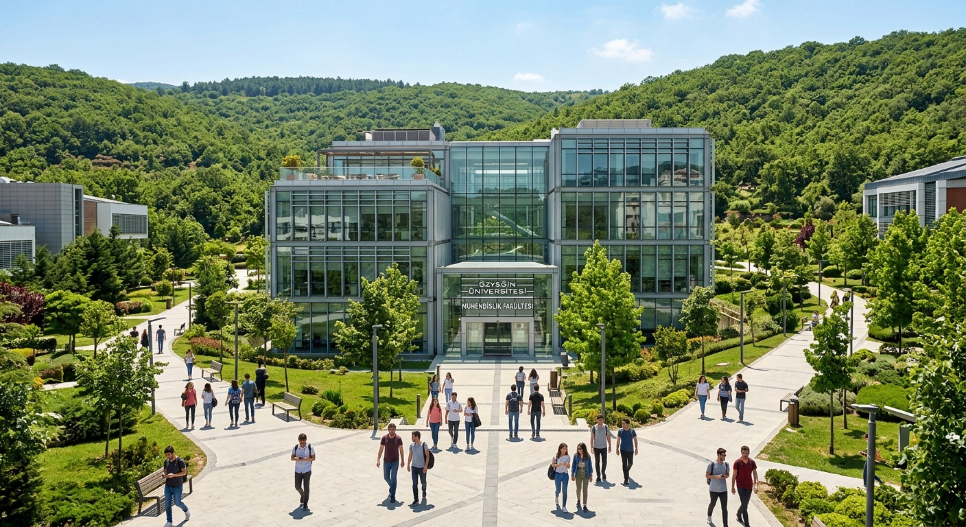 Modern Özyeğin University Çekmeköy campus in Istanbul with contemporary glass and steel engineering faculty building surrounded by green forested hills, students walking along pathways, bright sunny day
