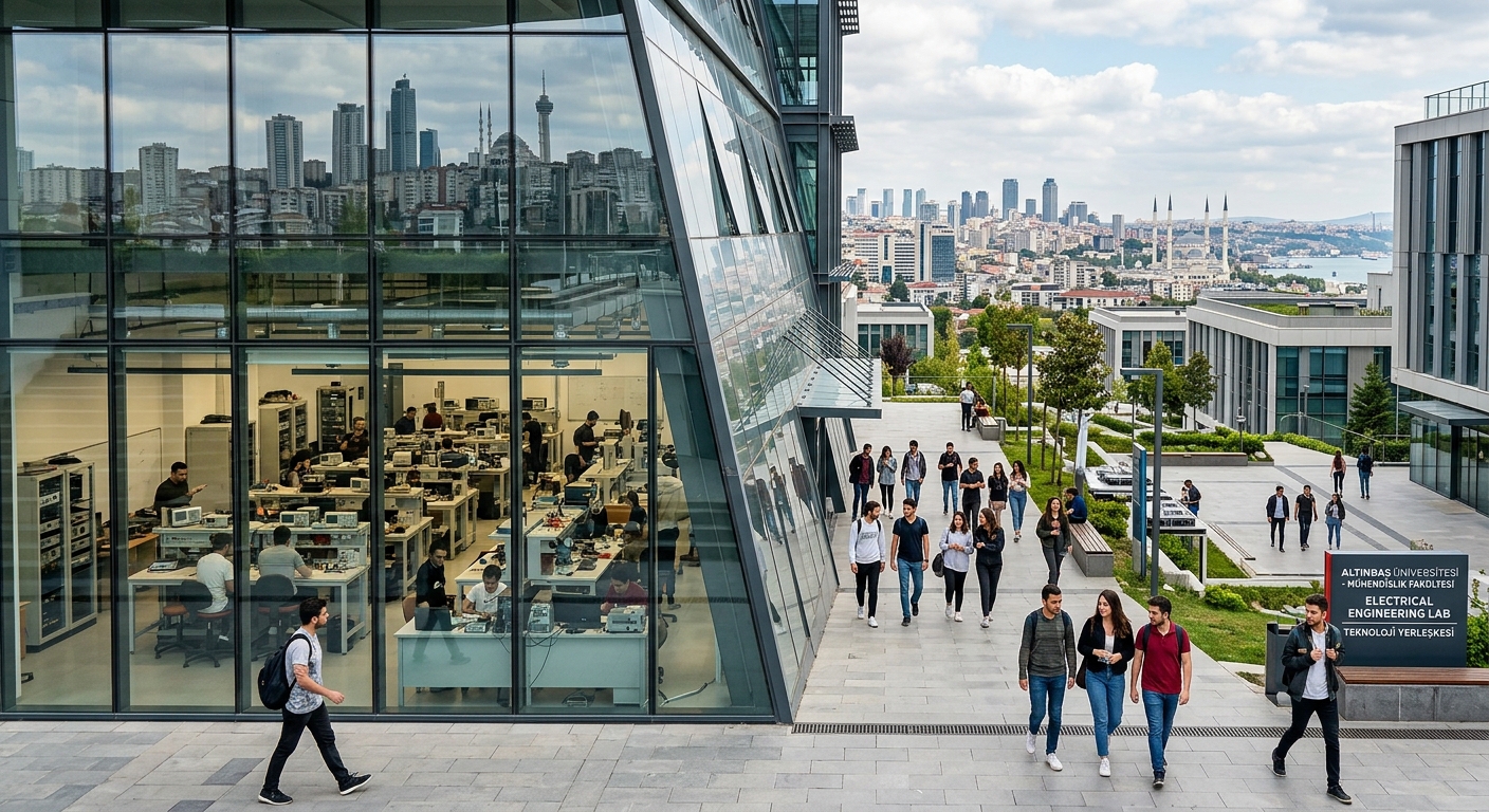 Modern engineering campus at Altinbas University in Istanbul, Turkey, featuring contemporary glass buildings, students walking through a technology-focused courtyard, electrical engineering laboratory equipment visible through large windows, with the Istanbul skyline in the background