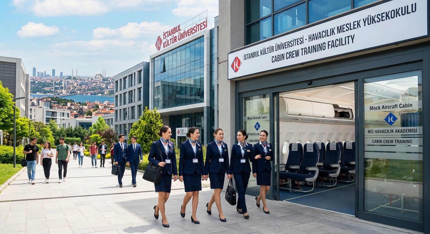 Modern Istanbul Kültür University campus building with aviation training facility, students in cabin crew uniforms walking near a mock aircraft cabin, bright daylight with Istanbul skyline in the background