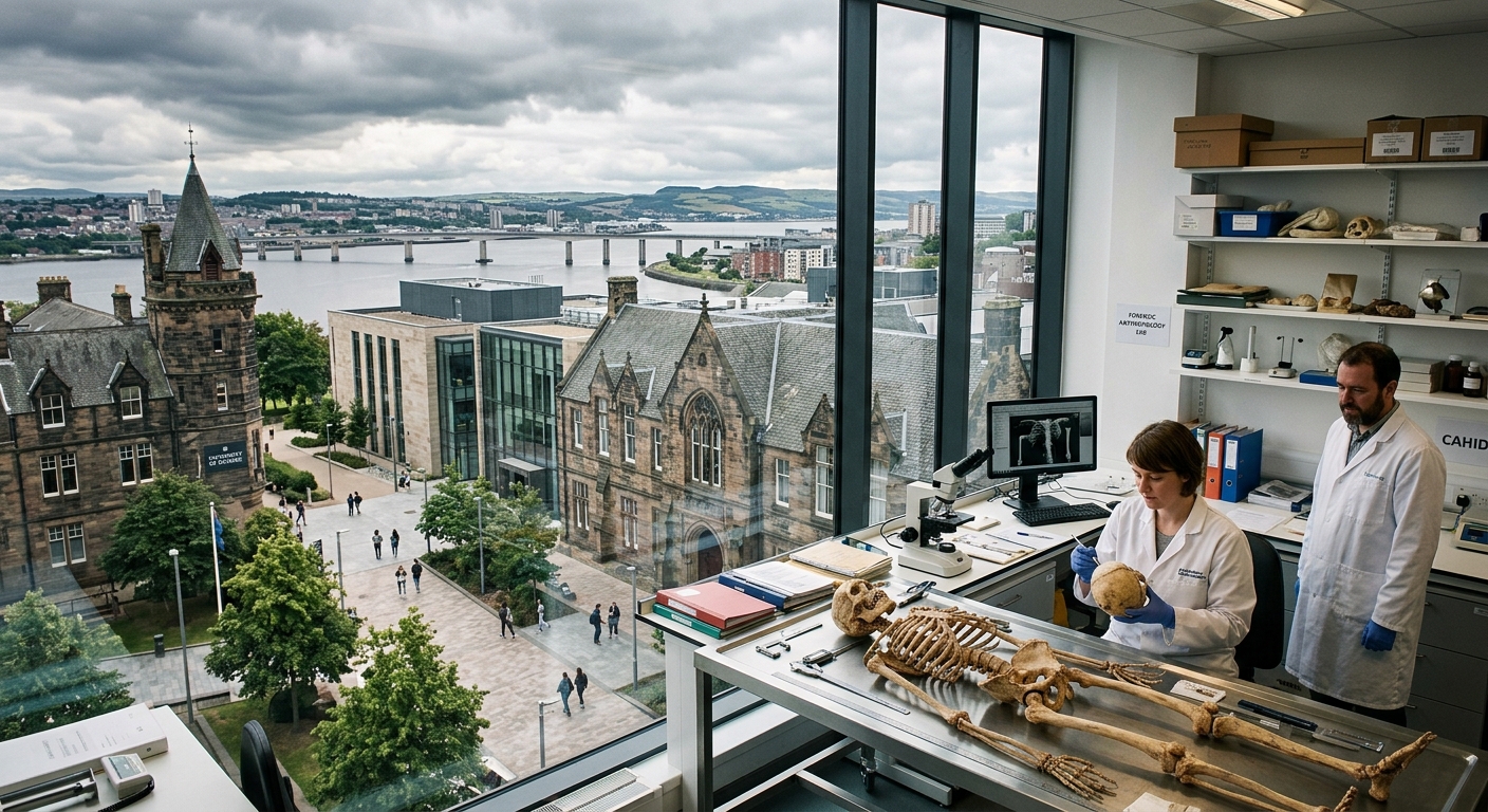 University of Dundee campus with historic stone buildings alongside modern facilities, forensic science laboratory setting with skeletal remains on examination table, Scottish cityscape with River Tay in background, overcast sky