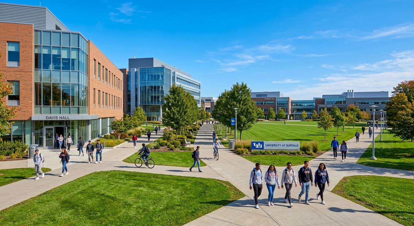 University at Buffalo North Campus with modern academic buildings, green lawns, and students walking along pathways under clear blue sky, Buffalo New York