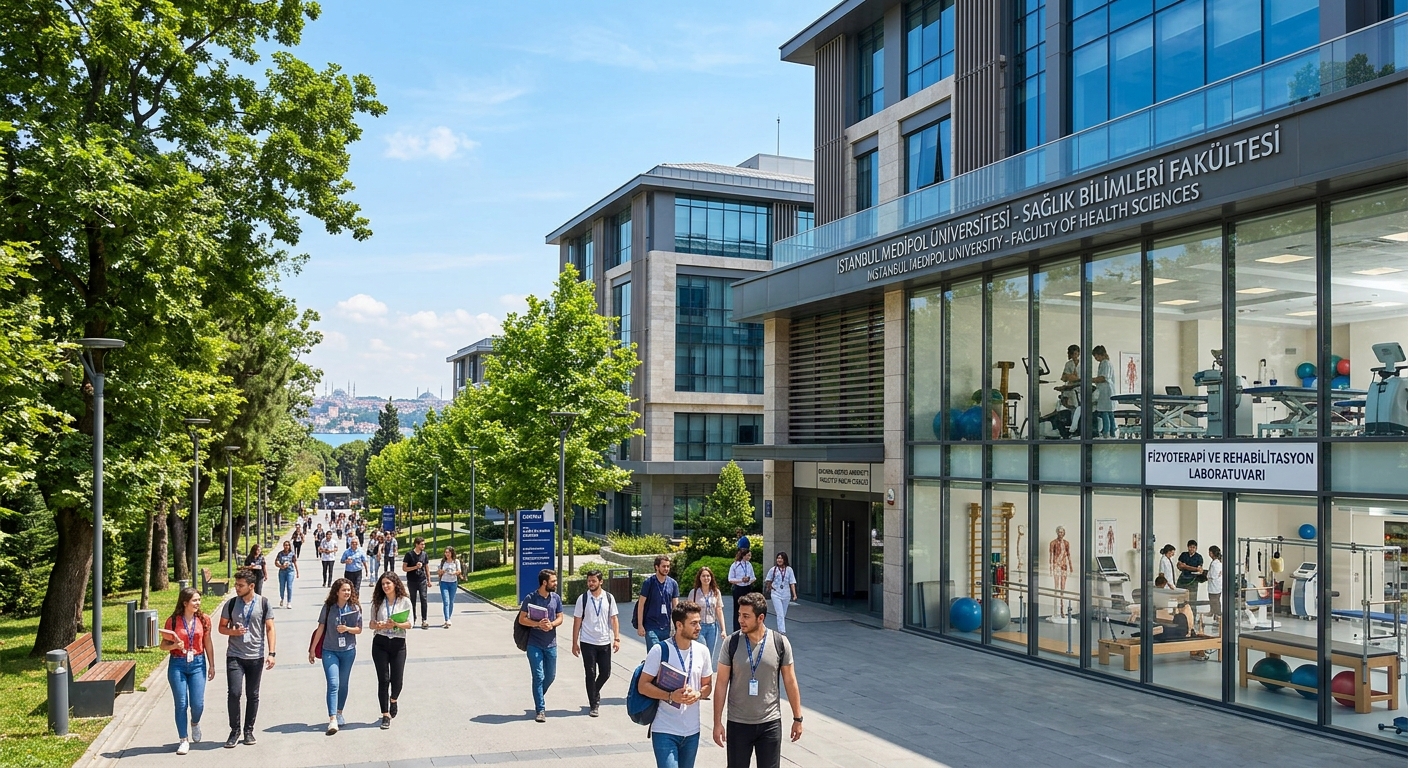 Modern university campus in Istanbul Turkey with health sciences building, physiotherapy rehabilitation laboratory equipment visible through glass windows, students walking on tree-lined pathways, clear blue sky