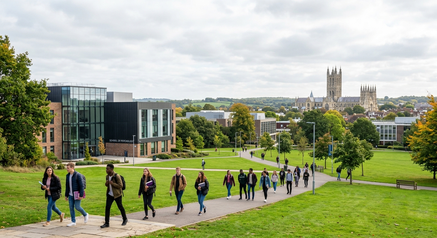 University of Kent Canterbury campus with modern psychology building, green parkland surroundings, students walking along pathways, historic cathedral visible in the background, bright overcast English sky