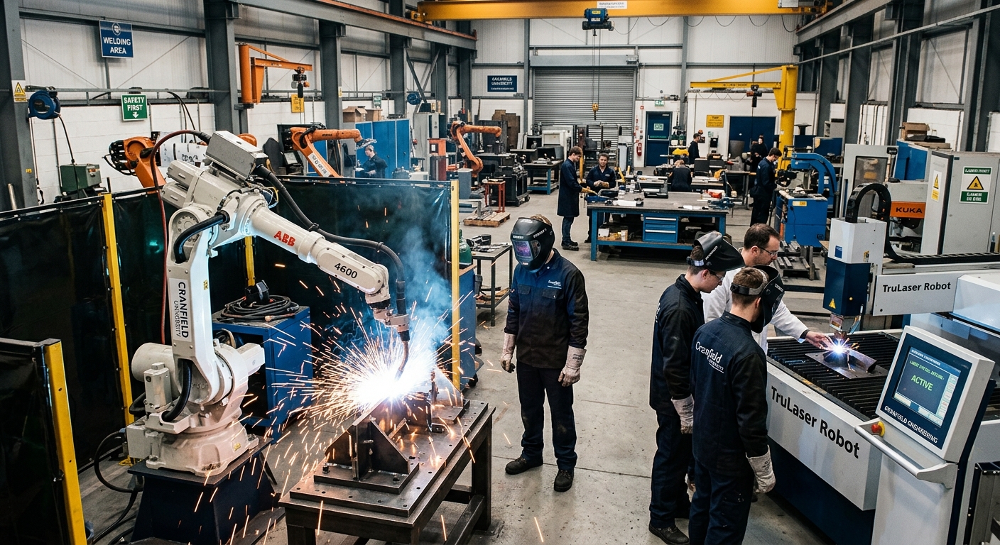 Cranfield University welding engineering laboratory with robotic welding systems, bright sparks from arc welding, students in protective gear observing advanced laser welding equipment in a spacious industrial workshop