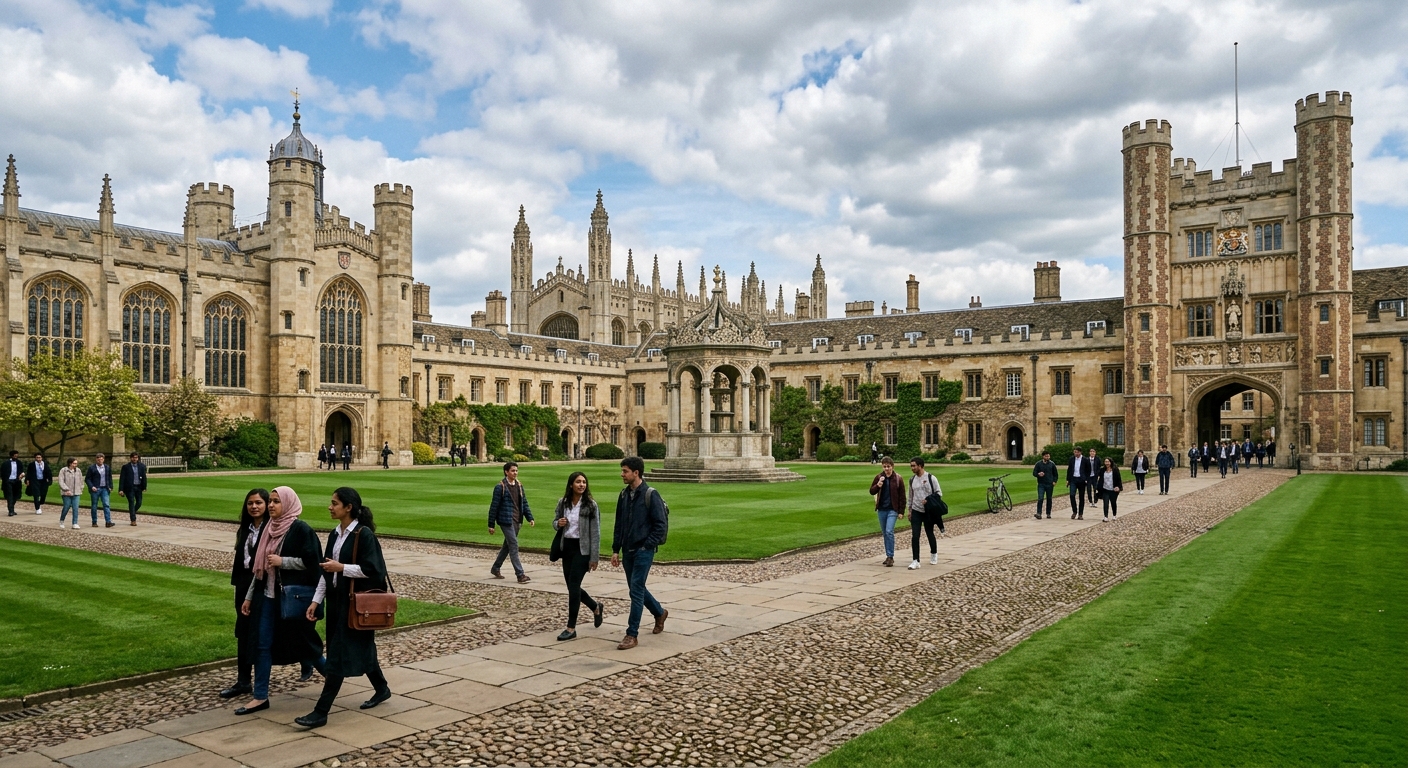 Historic University of Cambridge courtyard with Gothic stone architecture, lush green lawns, and students walking along cobblestone paths under a partly cloudy English sky