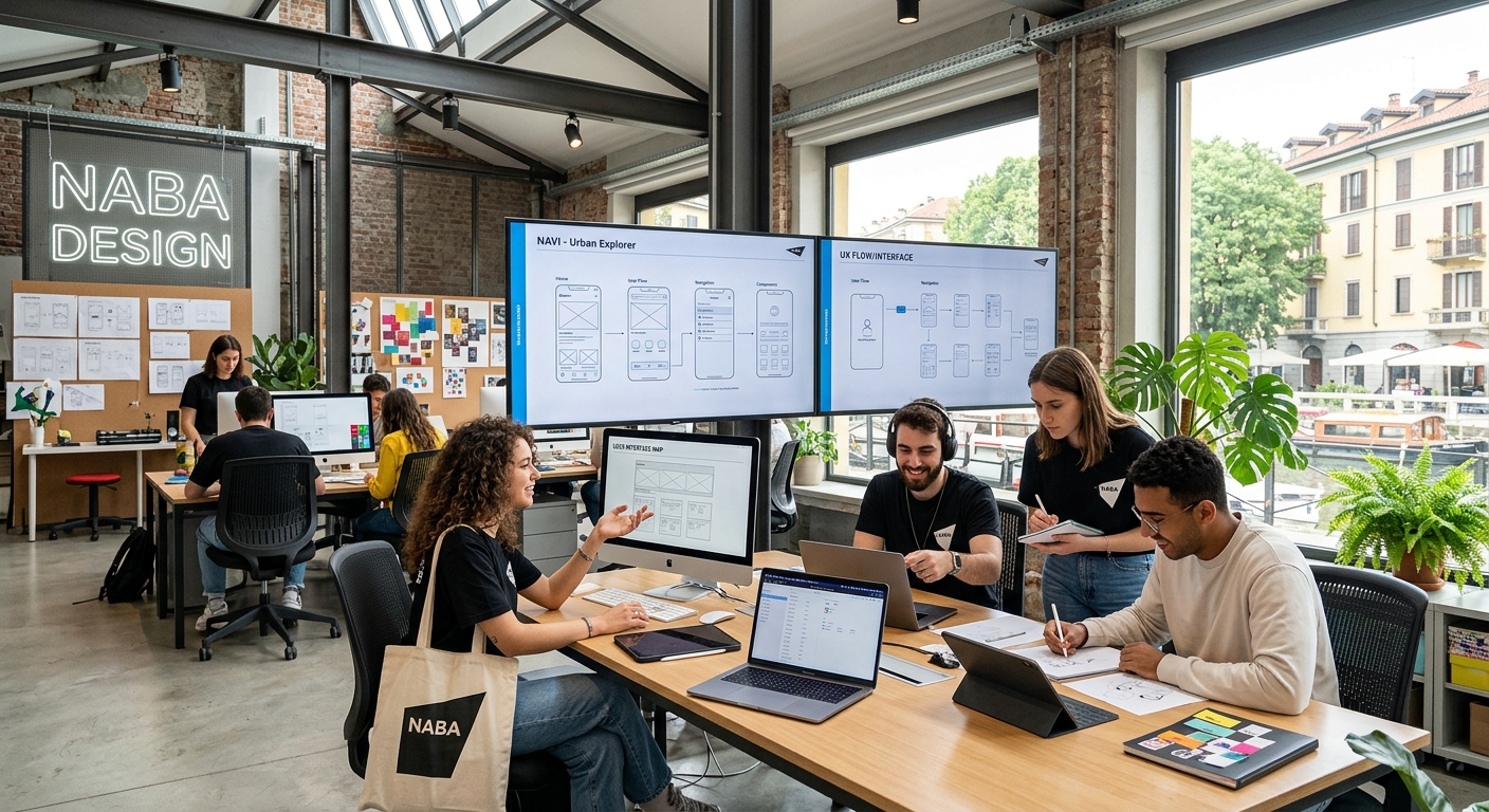 Modern design studio at NABA Milan campus, students collaborating on digital interface prototypes with large screens displaying UX wireframes, bright contemporary workspace with industrial architecture in the Navigli district