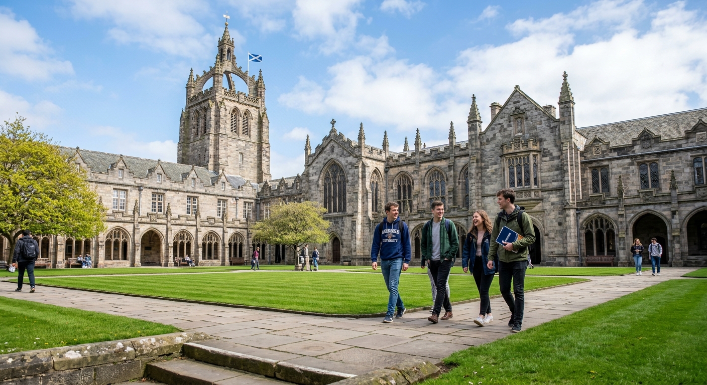 University of Aberdeen historic granite campus buildings with the iconic Crown Tower, engineering students walking through King's College quad on a bright Scottish day, green lawns and medieval architecture