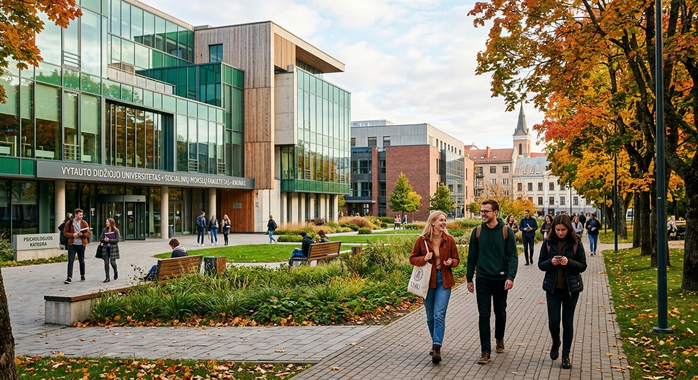 Modern university campus building in Kaunas Lithuania with green courtyard, psychology students walking between lecture halls, European architecture, autumn trees lining the pathway