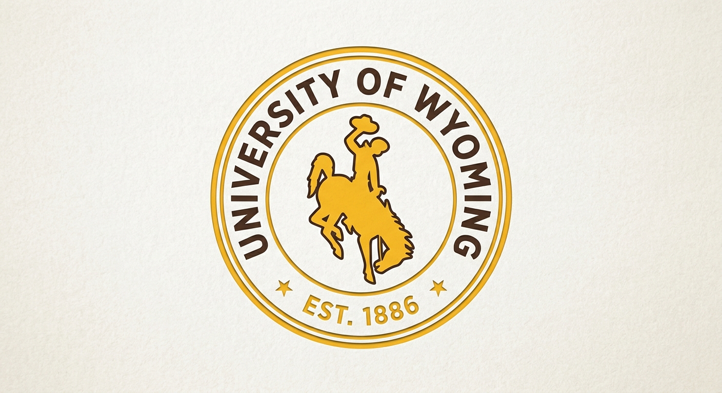 University of Wyoming official logo, brown and gold colors, bucking horse symbol, text reading University of Wyoming
