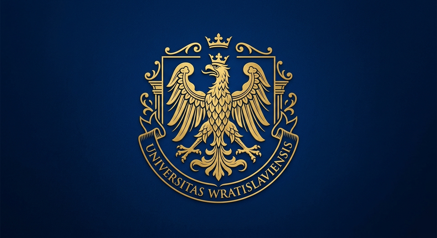 University of Wroclaw official logo featuring a golden crowned eagle emblem with the Latin inscription Universitas Wratislaviensis on a dark blue background
