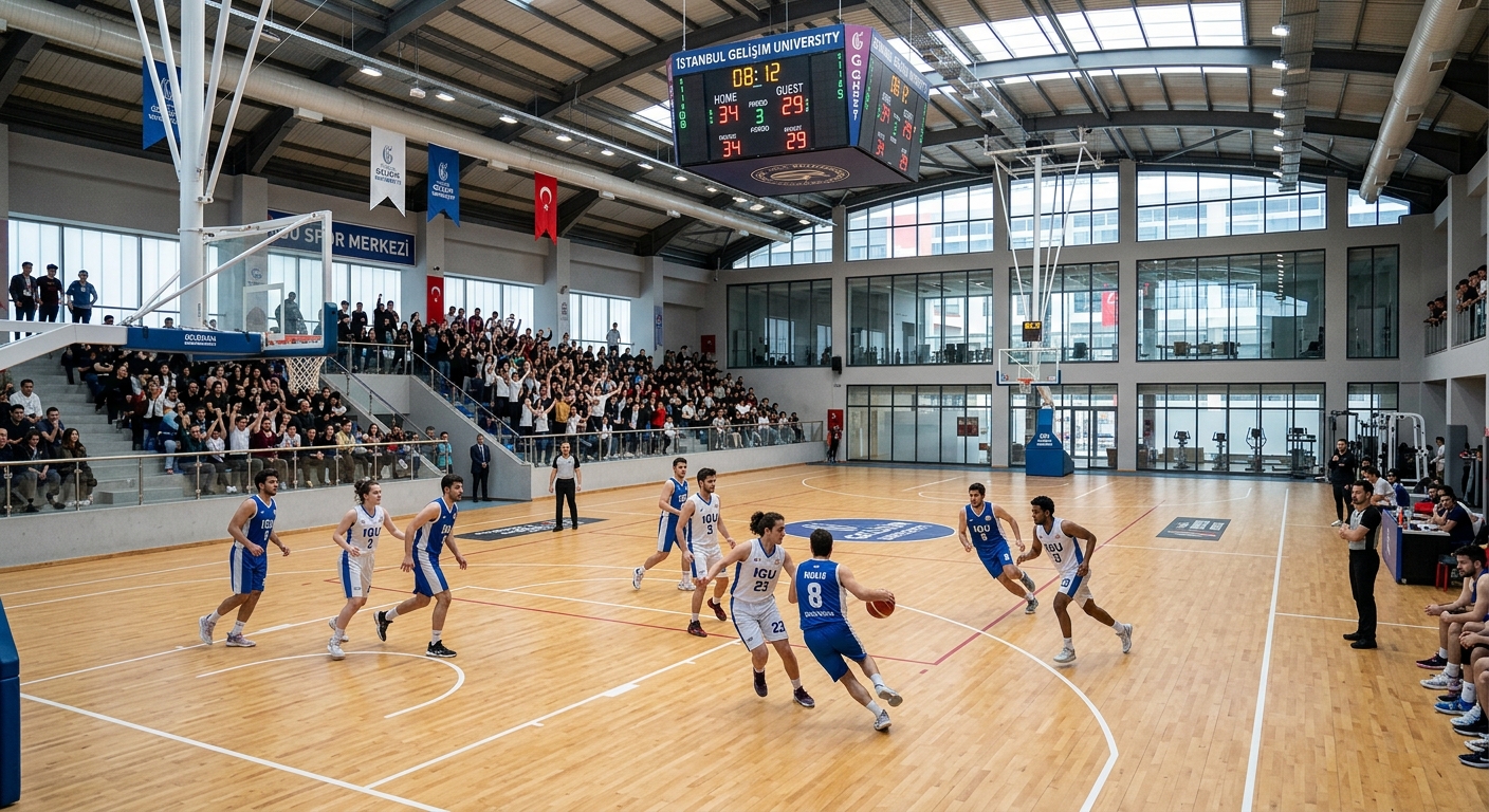 Istanbul Gelisim University indoor sports hall with basketball court, students playing, modern gymnasium facilities