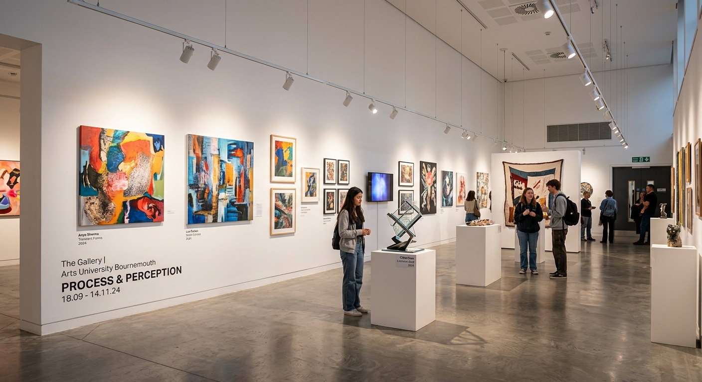 TheGallery at Arts University Bournemouth interior showing a contemporary art exhibition with white walls, professional gallery lighting, and displayed artworks