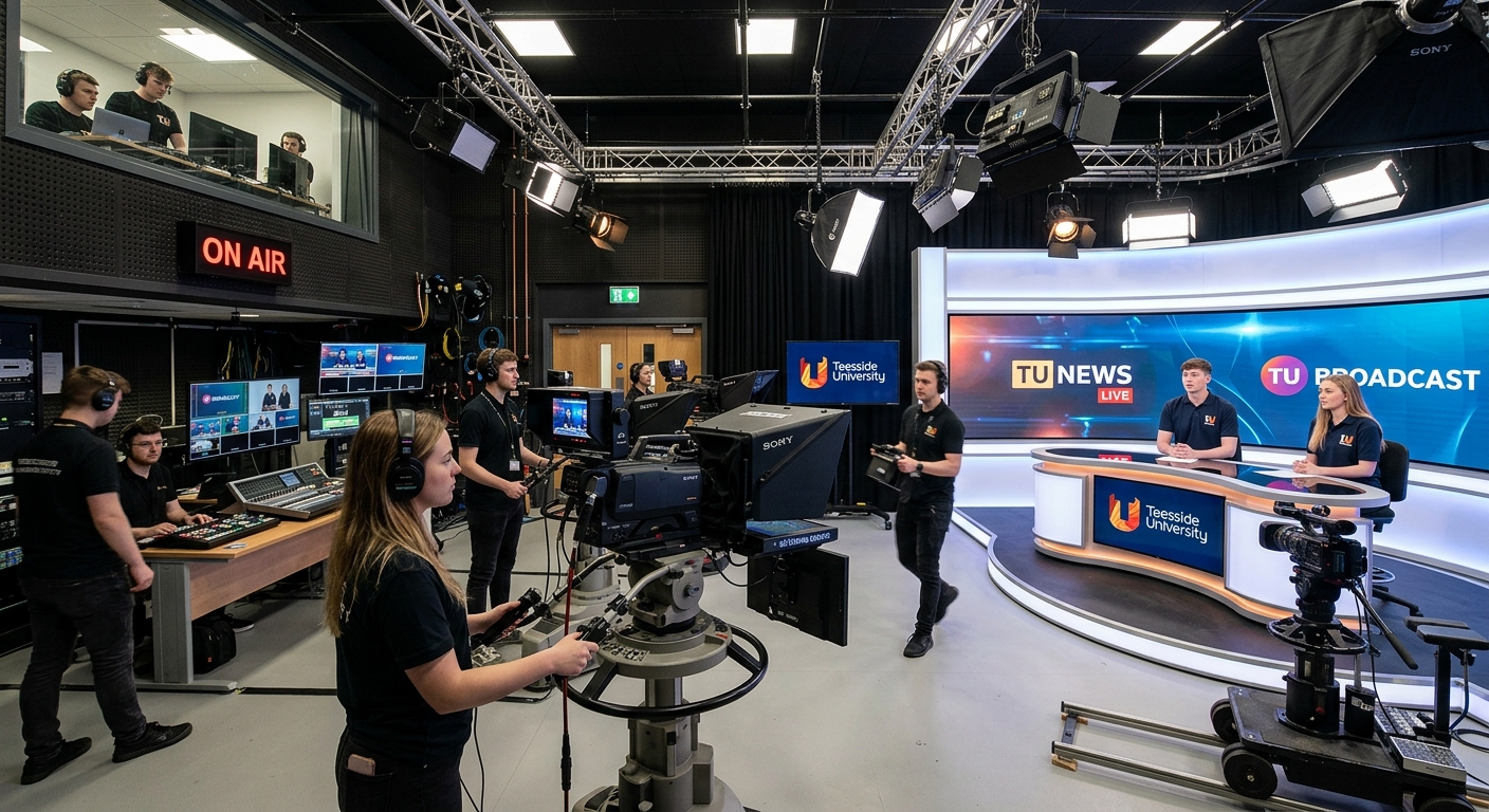 Modern television studio at Teesside University with professional cameras, lighting rigs, and students operating equipment during a live broadcast production, Middlesbrough campus setting
