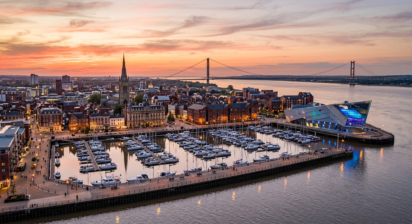 Kingston upon Hull city skyline at sunset, Humber Bridge in background, waterfront marina area, historic old town buildings, modern The Deep aquarium visible