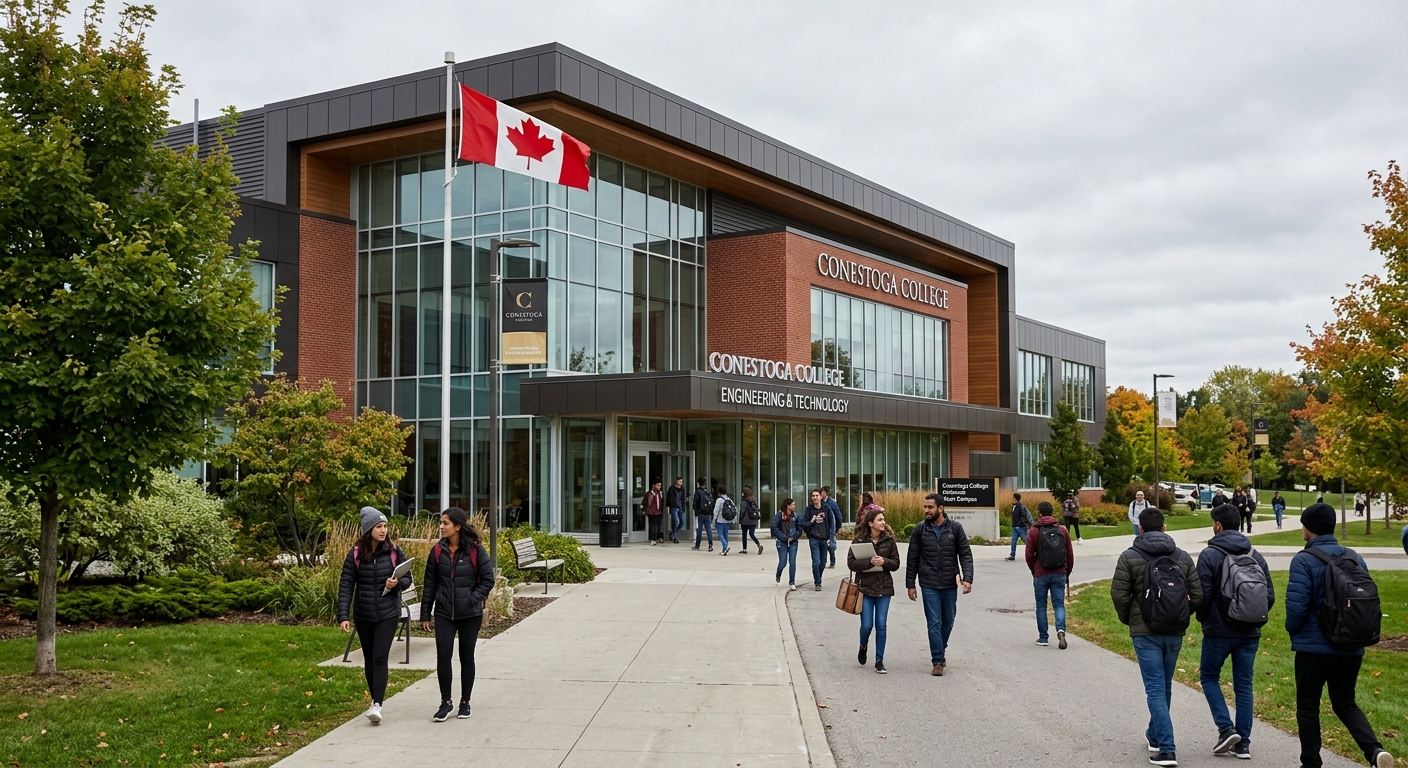 Modern engineering and technology campus building at Conestoga College in Kitchener Ontario Canada, students walking near entrance, green landscaped grounds, Canadian flag visible, overcast sky