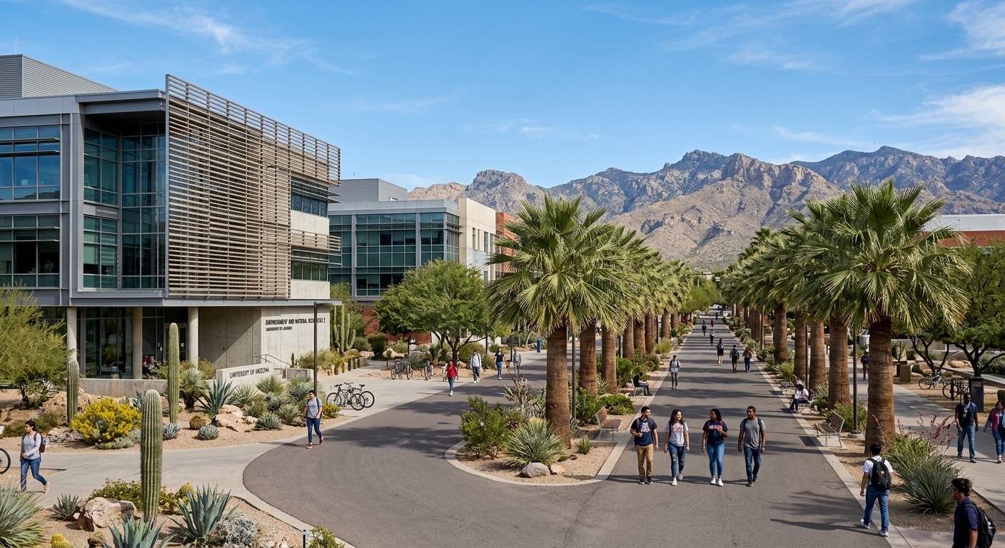 University of Arizona campus in Tucson with desert landscaping, modern science buildings, students walking along palm-lined pathways under clear blue Arizona sky, with Sonoran Desert mountains in the background
