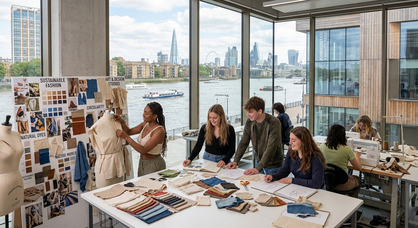 Kingston University Knights Park campus with modern art studios and riverside setting, students working on sustainable fashion projects with fabric samples and mood boards, London skyline in background