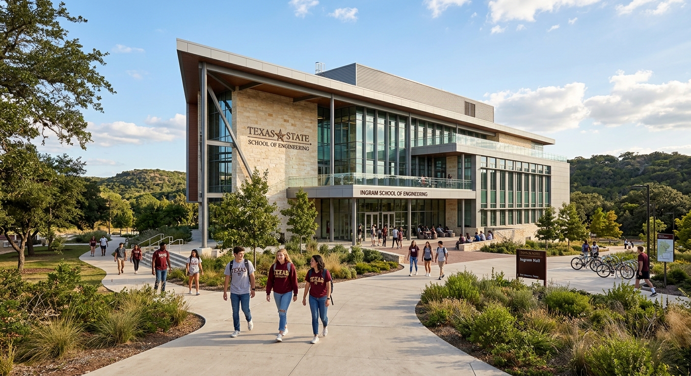 Texas State University Ingram School of Engineering building with modern architecture, students walking on campus pathways surrounded by Texas Hill Country landscape, San Marcos Texas