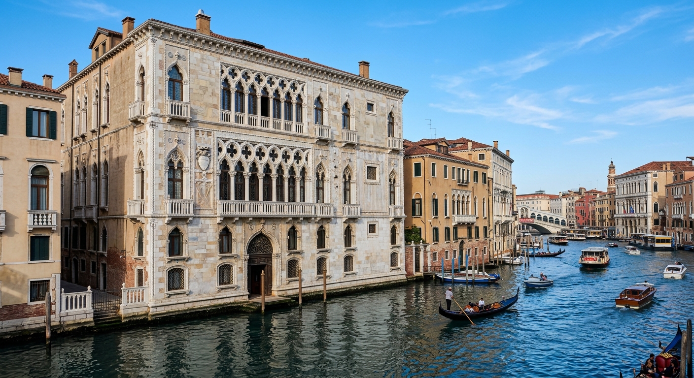 Palazzo Ca' Foscari Gothic facade on the Grand Canal, ornate pointed arch windows, Istrian stone portal, Venetian Gothic architecture, blue sky and canal reflections