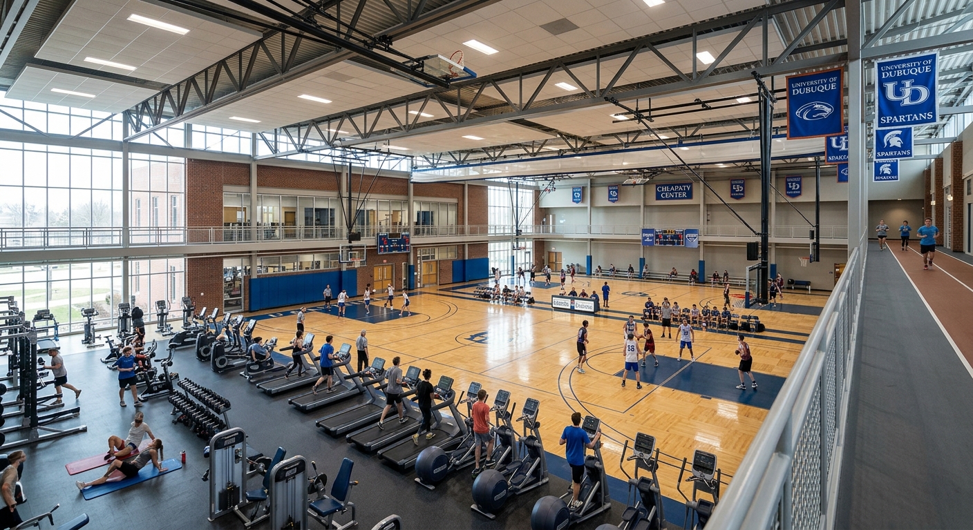 University of Dubuque Chlapaty Recreation and Wellness Center interior with fitness equipment, basketball courts, and students exercising