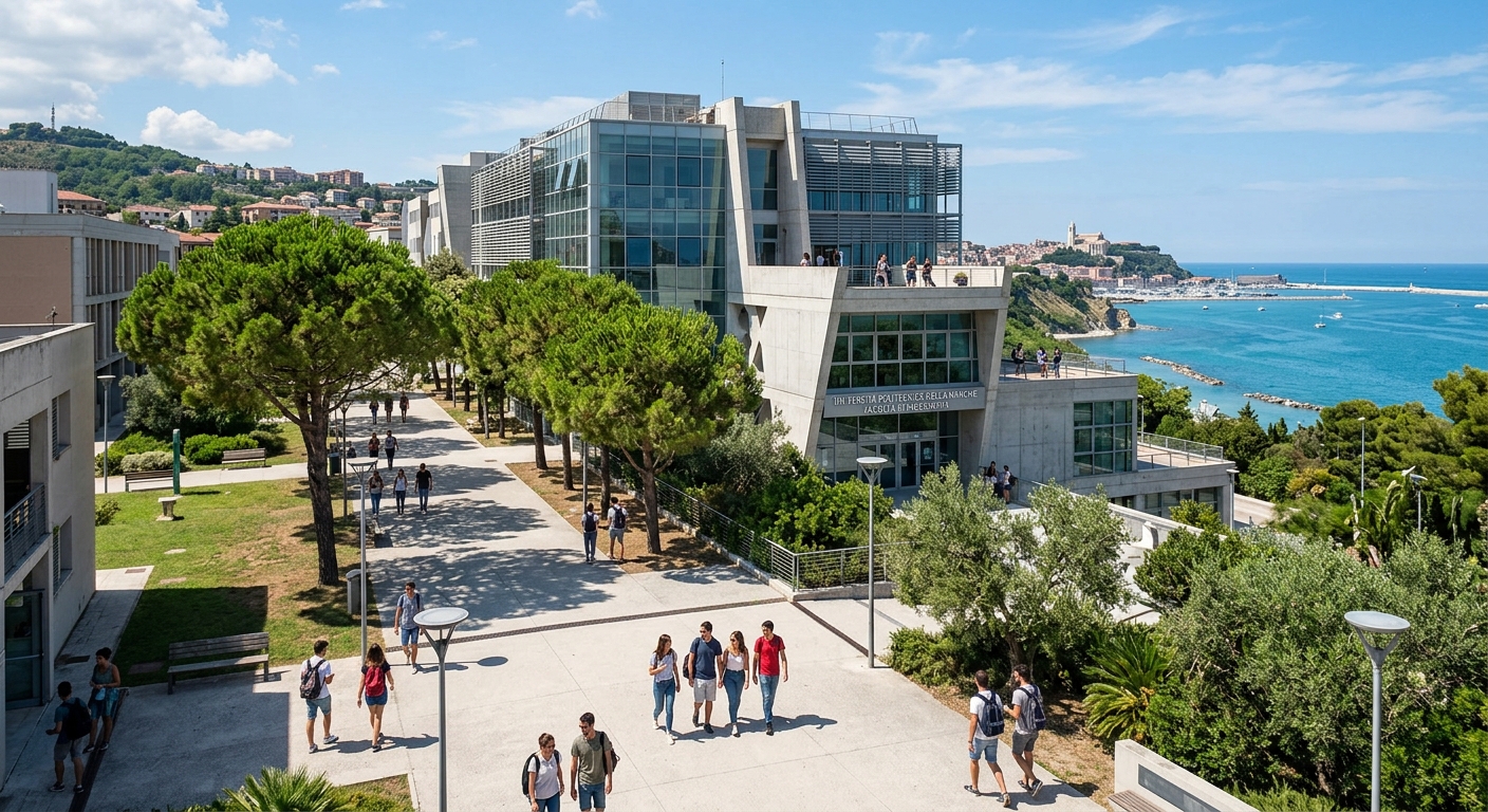 Modern engineering campus building at Marche Polytechnic University in Ancona, Italy, with students walking along tree-lined pathways, Adriatic Sea visible in the background, sunny Mediterranean atmosphere